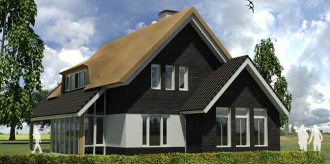 Foto : Vrijstaande woning, rieten dak